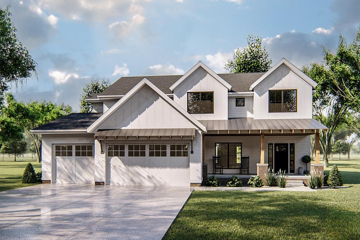House plan exterior. Two-story Modern Farmhouse with gables, a covered porch, and a side-entry garage. Features include board and batten siding.