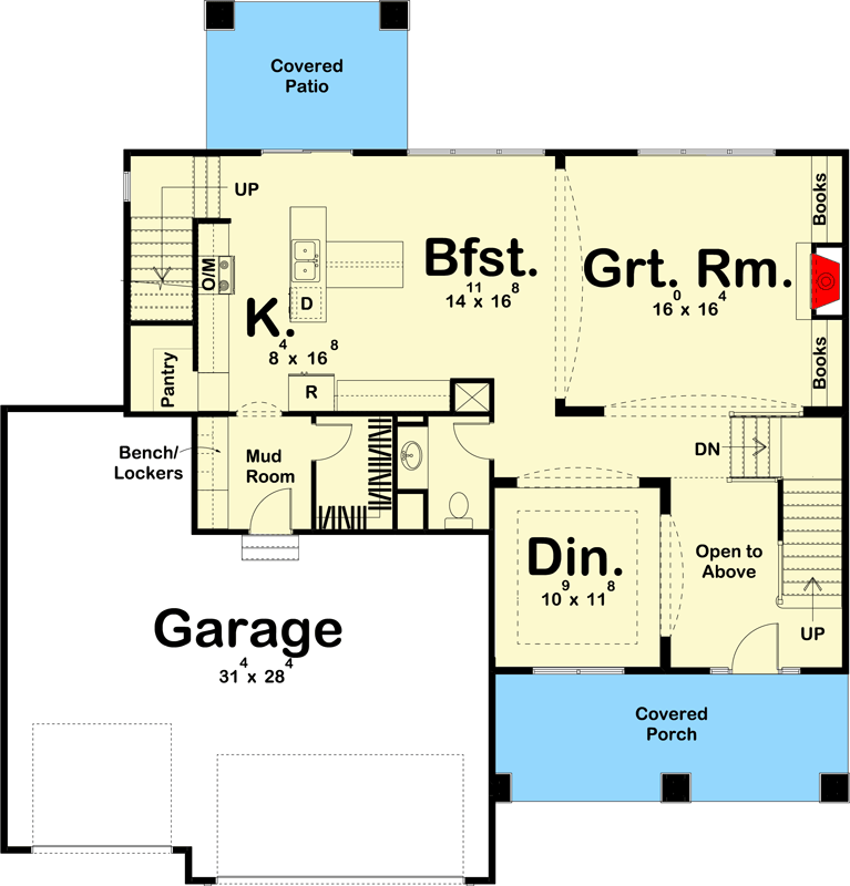 Plan 62757DJ: 3-Bed New American Farmhouse Plan with Second-Level Master - Floor Plan - Main Level - Farmhouse, Modern Farmhouse, New American