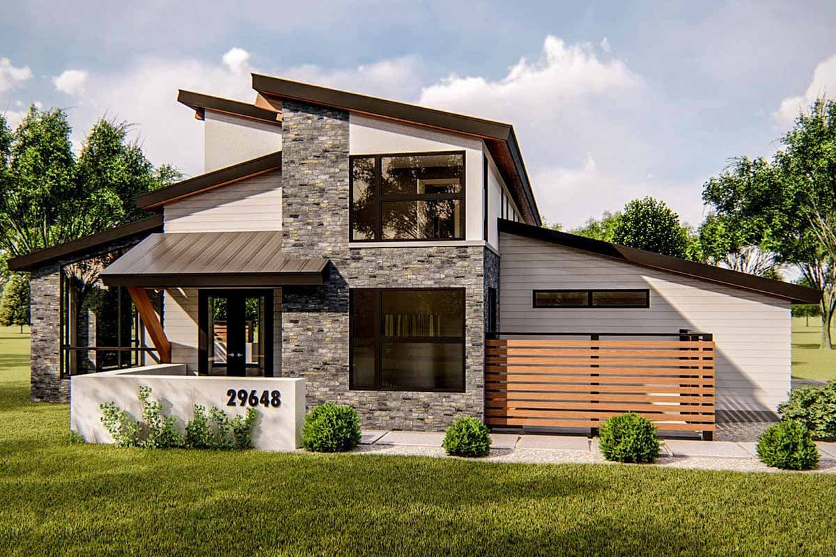 House plan exterior. Modern style with two stories. Features include a sloped roof, stone facade, and a covered entry with a wood support beam.