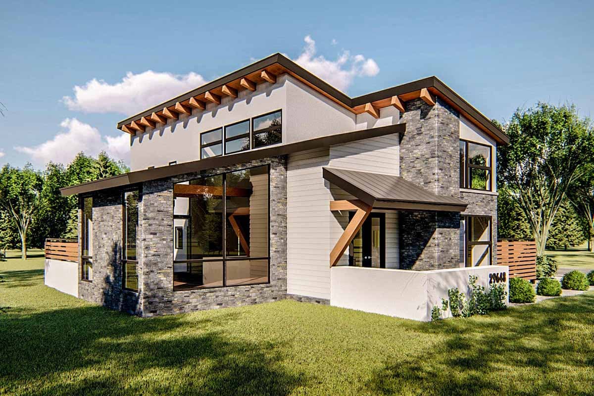 Modern two-story house plan exterior with stone facade, cantilevered rooflines, exposed wood beams, and large windows.