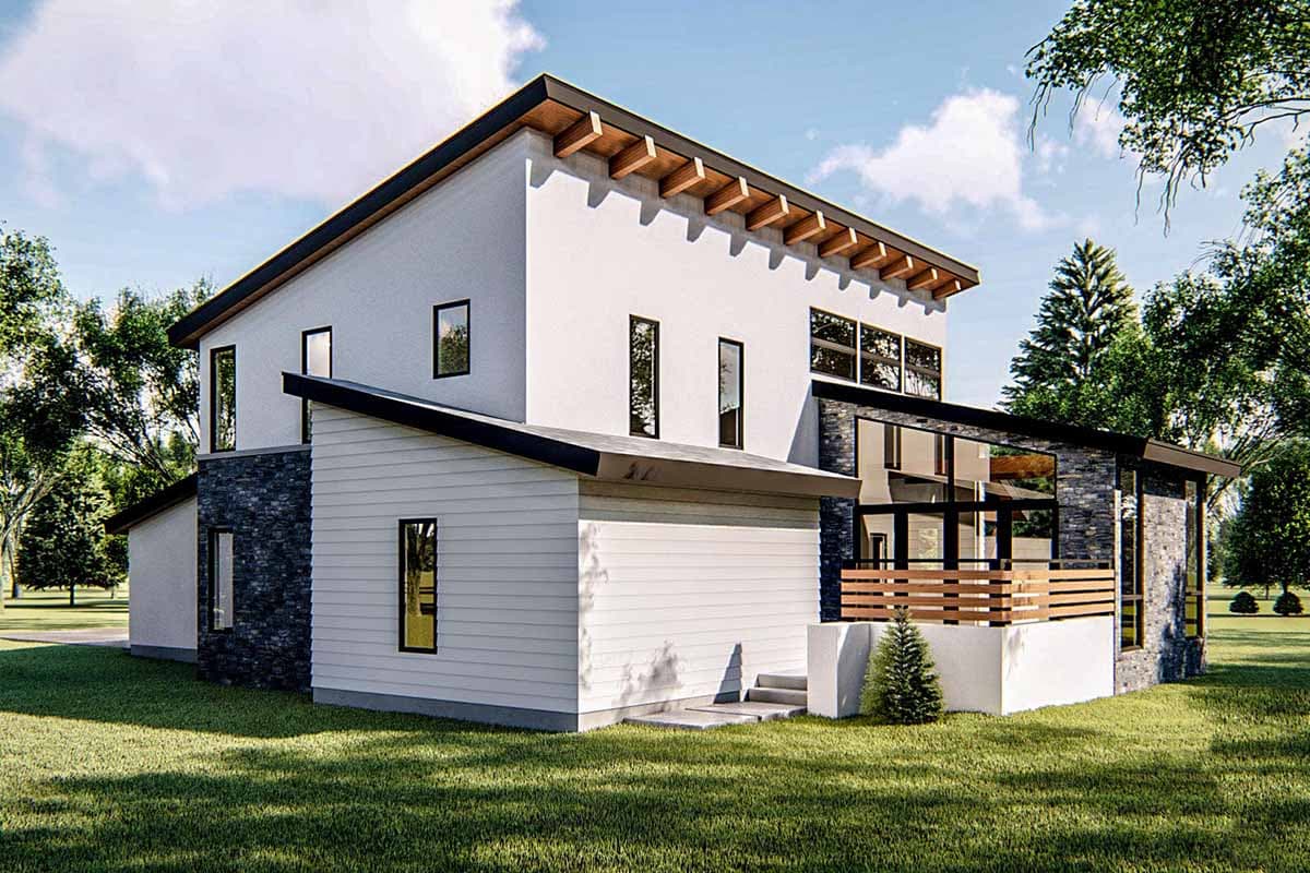 Modern house plan exterior with multiple gables, stone and lap siding, and a cantilevered roofline with exposed rafters.