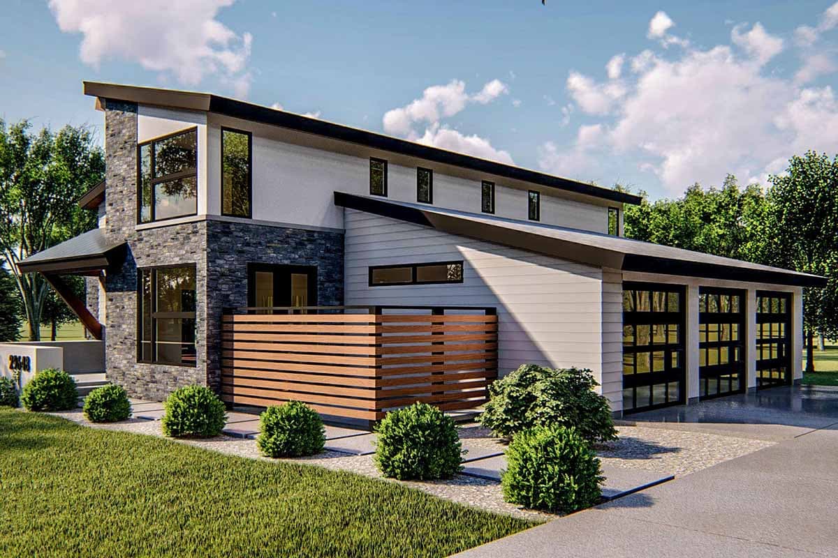 Modern house plan exterior with stone and horizontal siding, flat rooflines, and a five-car garage with glass doors.