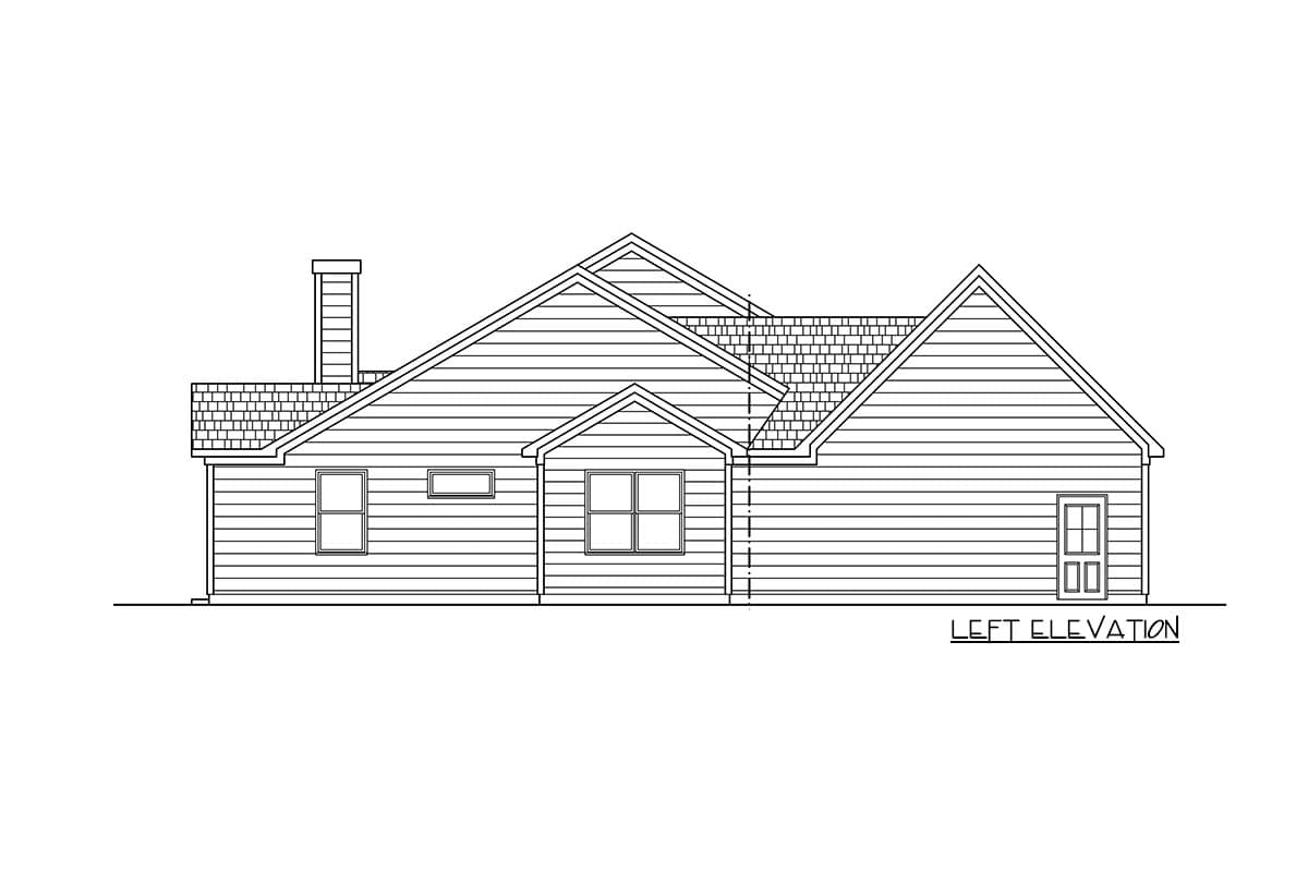 Left elevation drawing of a house plan showing a gabled roofline, dormer, chimney, and single-door entry.