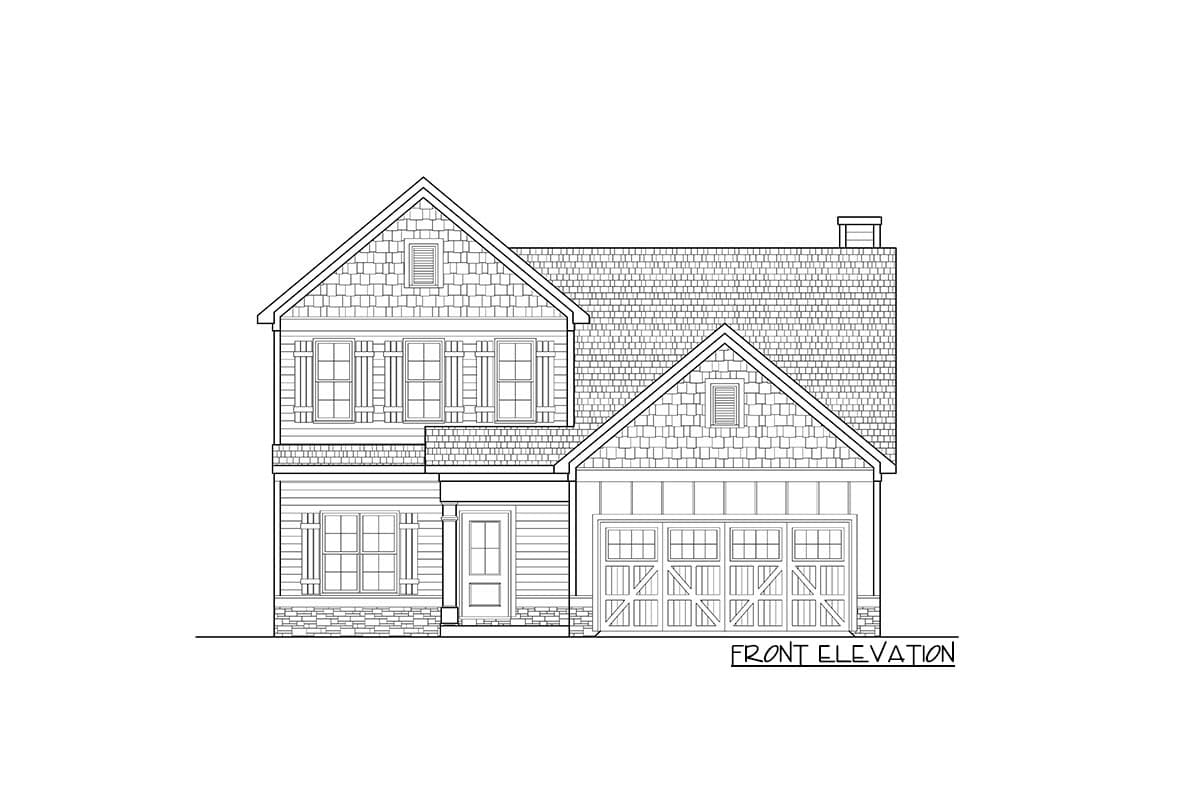 Front elevation drawing of a two-story house plan featuring a prominent gable, side-facing garage, and covered entry.