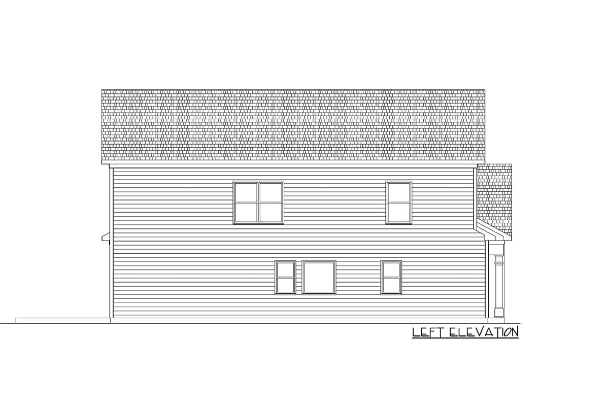 Left elevation drawing of a two-story house plan with horizontal siding, a shingled roof, and multiple windows.