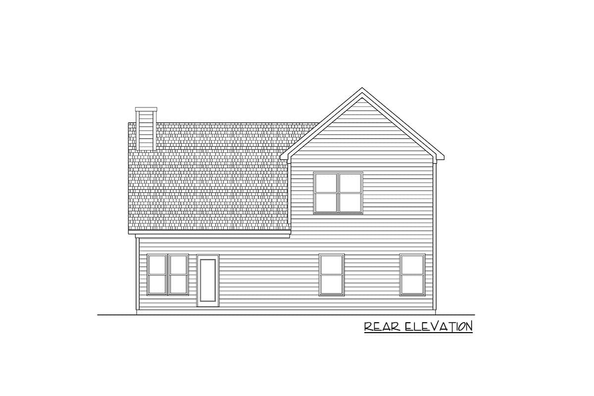 Rear elevation drawing of a two-story house with a gable roof, pitched roof over a section, and a chimney.
