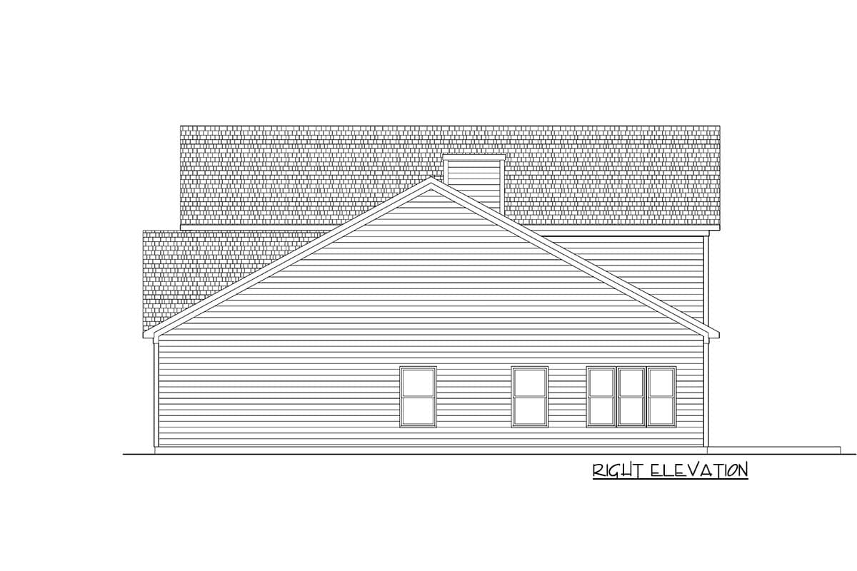 Right elevation of a house plan showing a pitched roof, vinyl siding, and four windows.