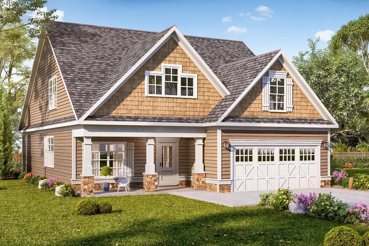 House plan exterior view, featuring a Craftsman style. The two-story home includes a front porch, gables, and a garage with a paneled door.