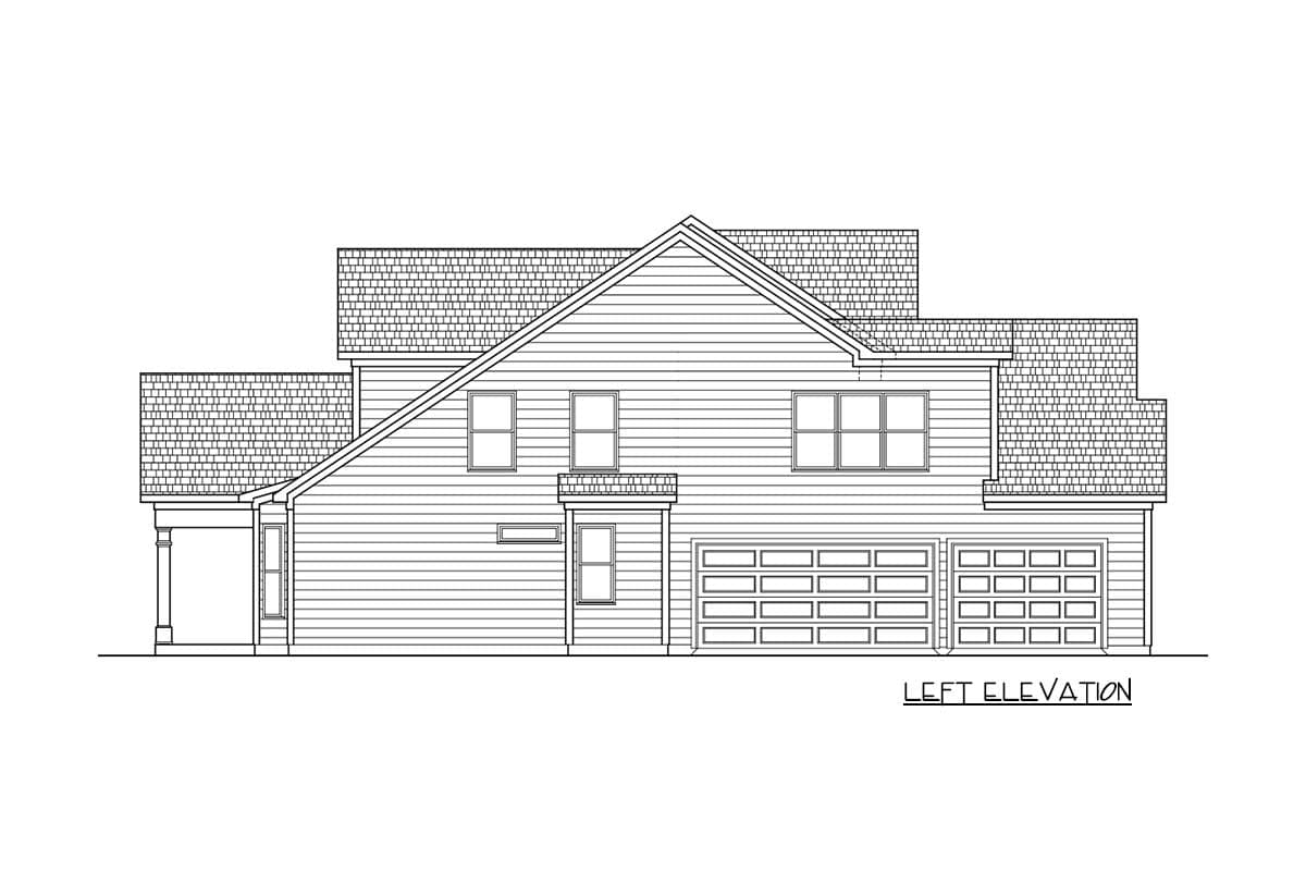 Left elevation drawing of a two-story house plan with a covered porch, multiple gables, and a three-car garage.