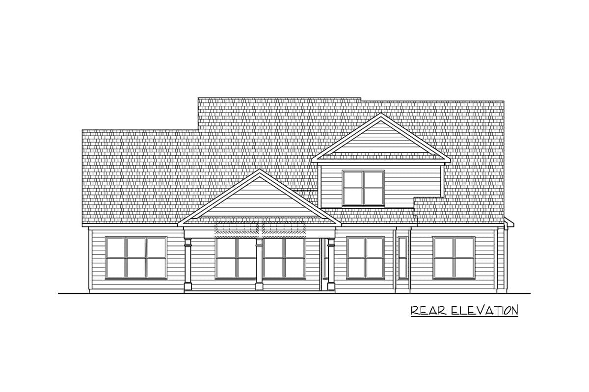 Rear elevation house plan showing a two-story home with gabled dormers, a covered entry porch, and multiple windows.