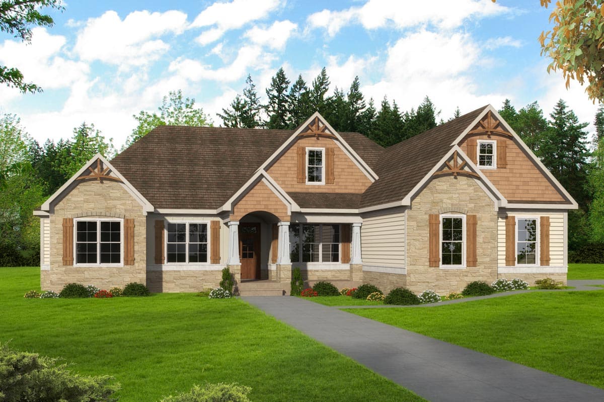 House plan exterior featuring Craftsman-style elements, stone and shingle siding, gables, and a front porch with columns. One-story home with dormers.