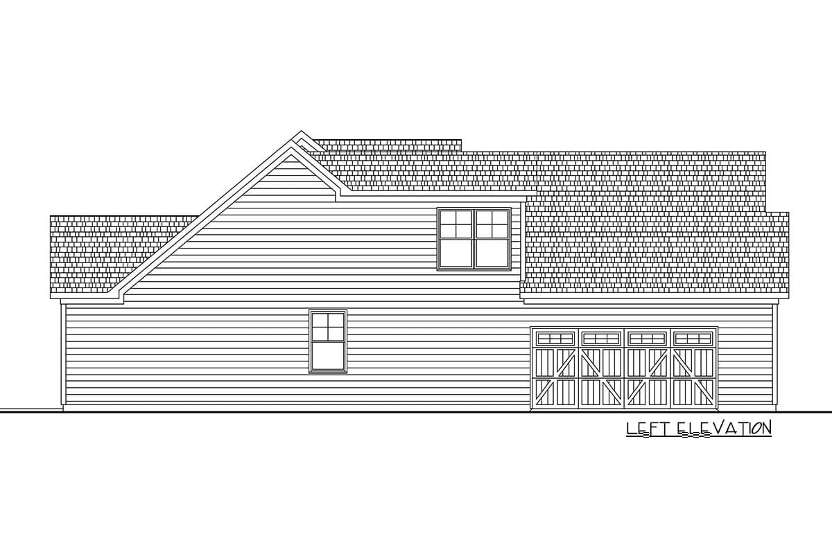 Left elevation house plan with horizontal siding, gable roof, dormer, and multi-panel garage.