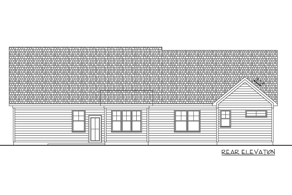 Rear elevation drawing of a one-story house with a prominent gable end and visible window and door openings.