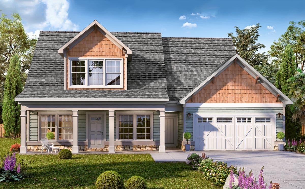 House plan exterior. Two-story Craftsman with front porch, gables with shake siding, and attached garage. Stone veneer accents the foundation.