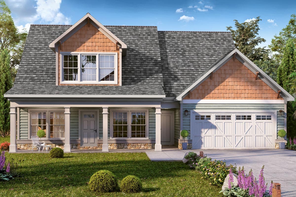 House plan exterior. Two-story Craftsman style home with front porch, gables, and shake siding accents. Includes a two-car garage.