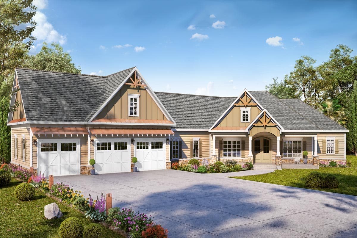 House plan exterior with Craftsman style. Features include gables, a covered porch, and a three-car garage. Single story construction.