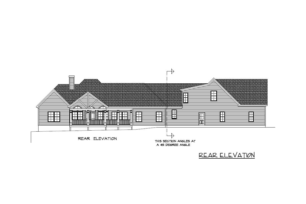 Rear elevation drawing of a house plan featuring a covered porch, multiple gables, dormers, and varied rooflines.
