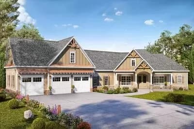 Expanded Country Craftsman Home Plan with 3-Car Angled Garage