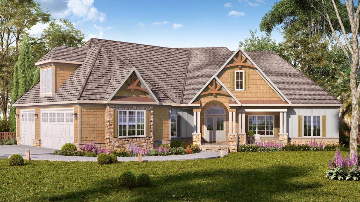 House plan exterior with Craftsman style. Features include a front porch, gables, a dormer, and an attached garage. One-story home.