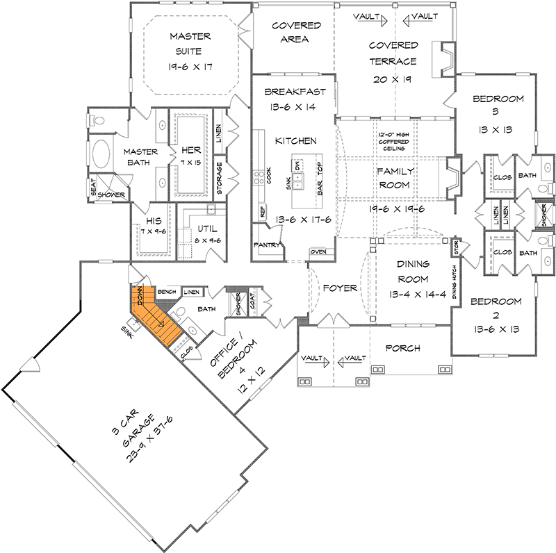 Plan 360043DK: Designer Mountain Craftsman House Plan II with 3-Car Garage - Floor Plan - Basement Stairs - Craftsman, Mountain, New American, Traditional
