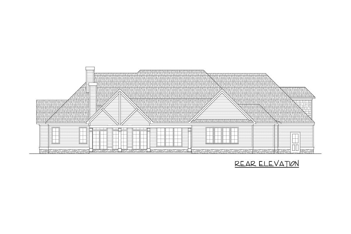 Rear elevation of a house plan with gabled dormers, a covered porch with columns, and multiple windows.