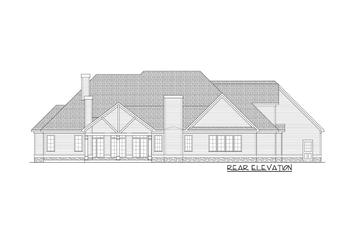 Rear elevation drawing of a house plan with a prominent central gable, covered patio, and multiple windows.