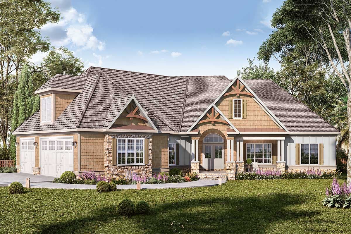 House plan exterior. Craftsman style with a gabled roof, stone accents, and a covered porch. Features a dormer and attached garage.