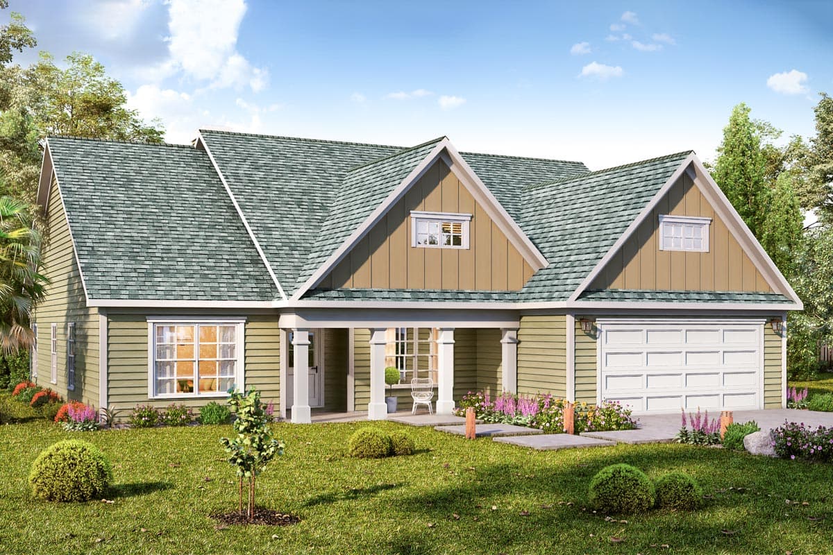 House plan exterior featuring a single-story design, gabled roof, and a front porch with supporting columns. Includes a garage with an attached gable.