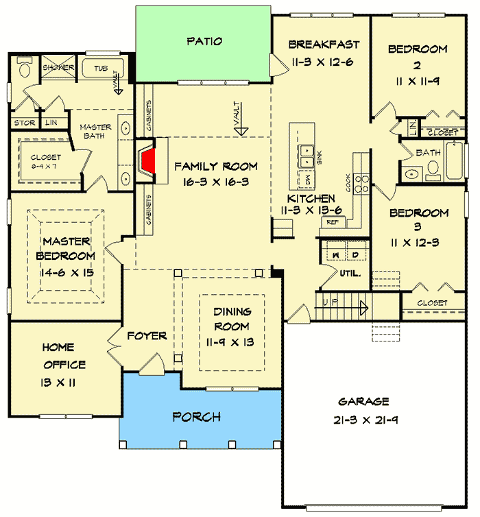 Plan 360045DK: Comfortable 3-Bed House Plan with Optional Loft and Bonus Room - Floor Plan - Main Level - Craftsman, Ranch