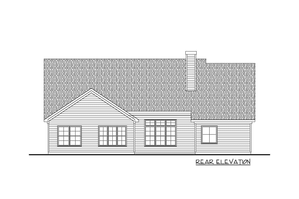 Rear elevation of a one-story house plan featuring horizontal siding, a gable end, a chimney, and multi-pane windows.