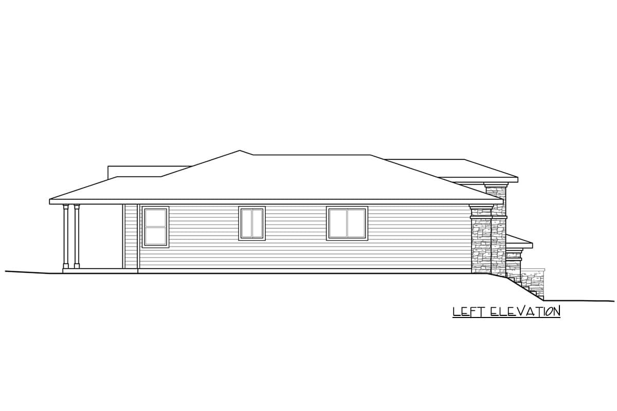 Left elevation of a one-story house plan showing a covered porch, horizontal siding, and stone accents.