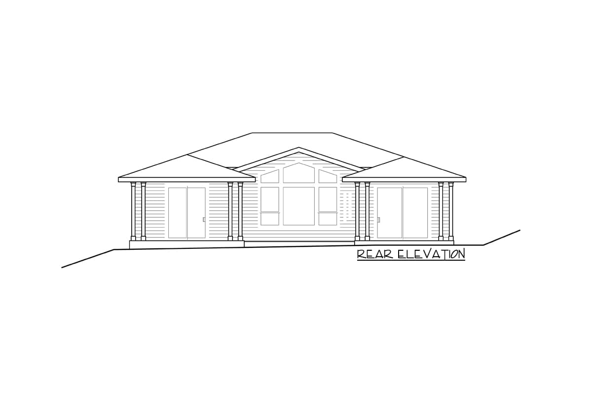 Rear elevation house plan drawing showing a single-story home with a prominent central gable and two covered porches.