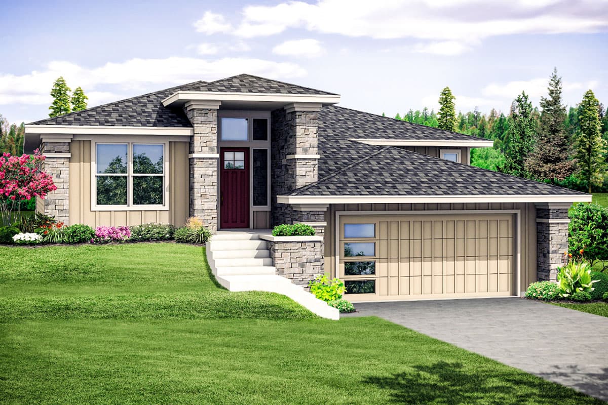 House plan exterior. Contemporary-style, single-story home with stone accents, a multi-gabled roof, and attached garage with a modern door design.