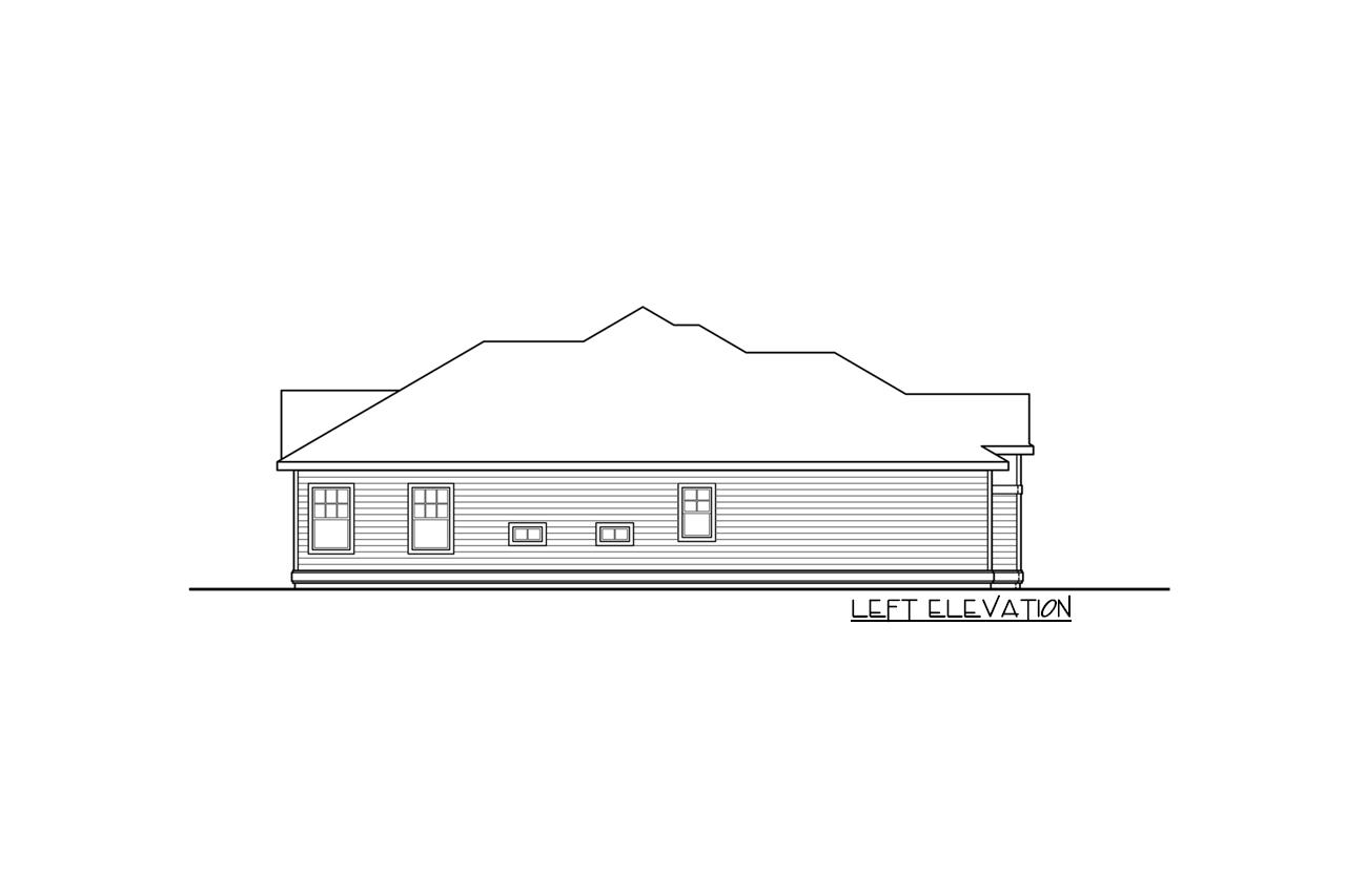 Left elevation drawing of a one-story house plan with horizontal siding and multiple windows.