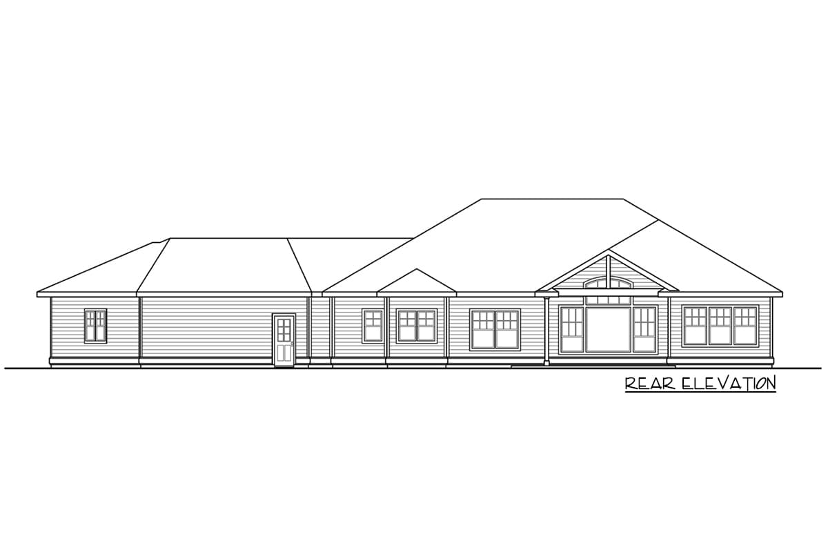 Rear elevation house plan drawing showing a single-story home with a gable, large windows, and horizontal siding.