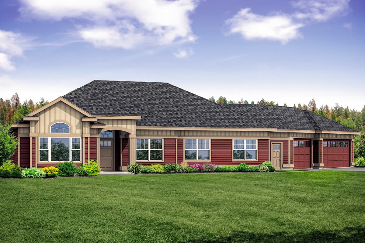 House plan exterior. Ranch style with a low-pitched roof, gabled entry, and attached two-car garage. Features an arched window and covered porch area.