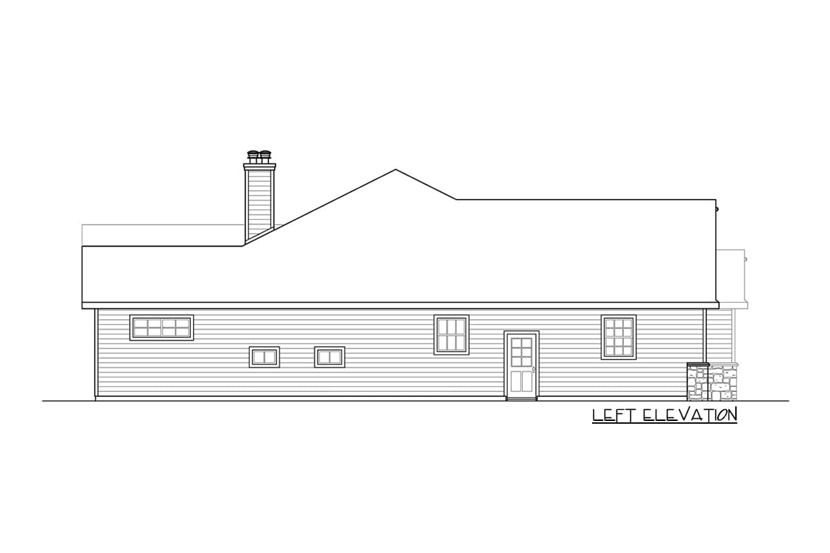 Left elevation drawing of a single-story house plan with a pitched roof, chimney, and horizontal siding.