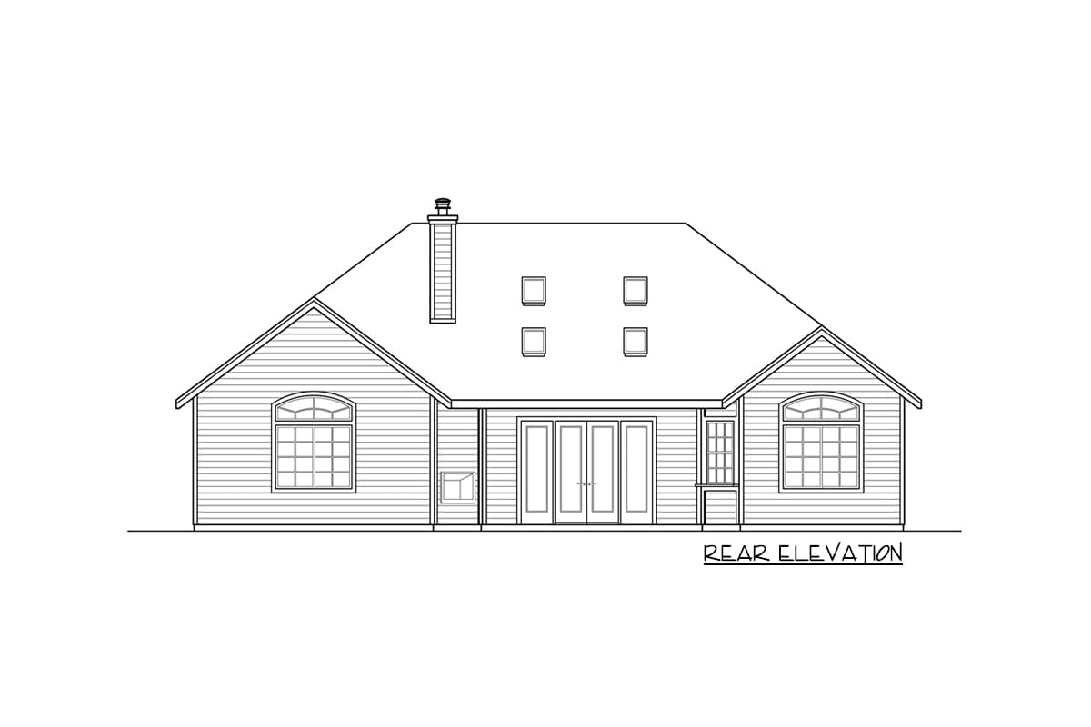Rear elevation house plan with prominent gables, arched windows, double doors, chimney, and dormer windows.