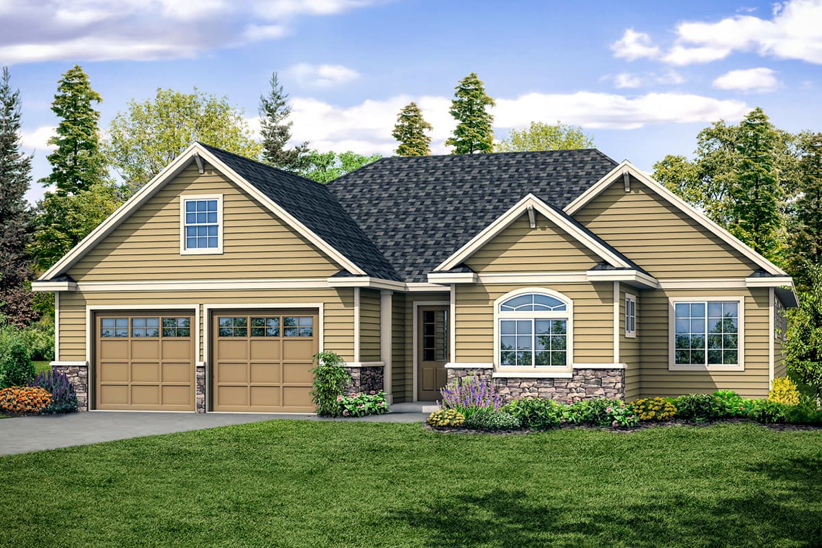 House plan exterior featuring a Craftsman style with a gabled roof, stone accents, two-car garage, and arched window.