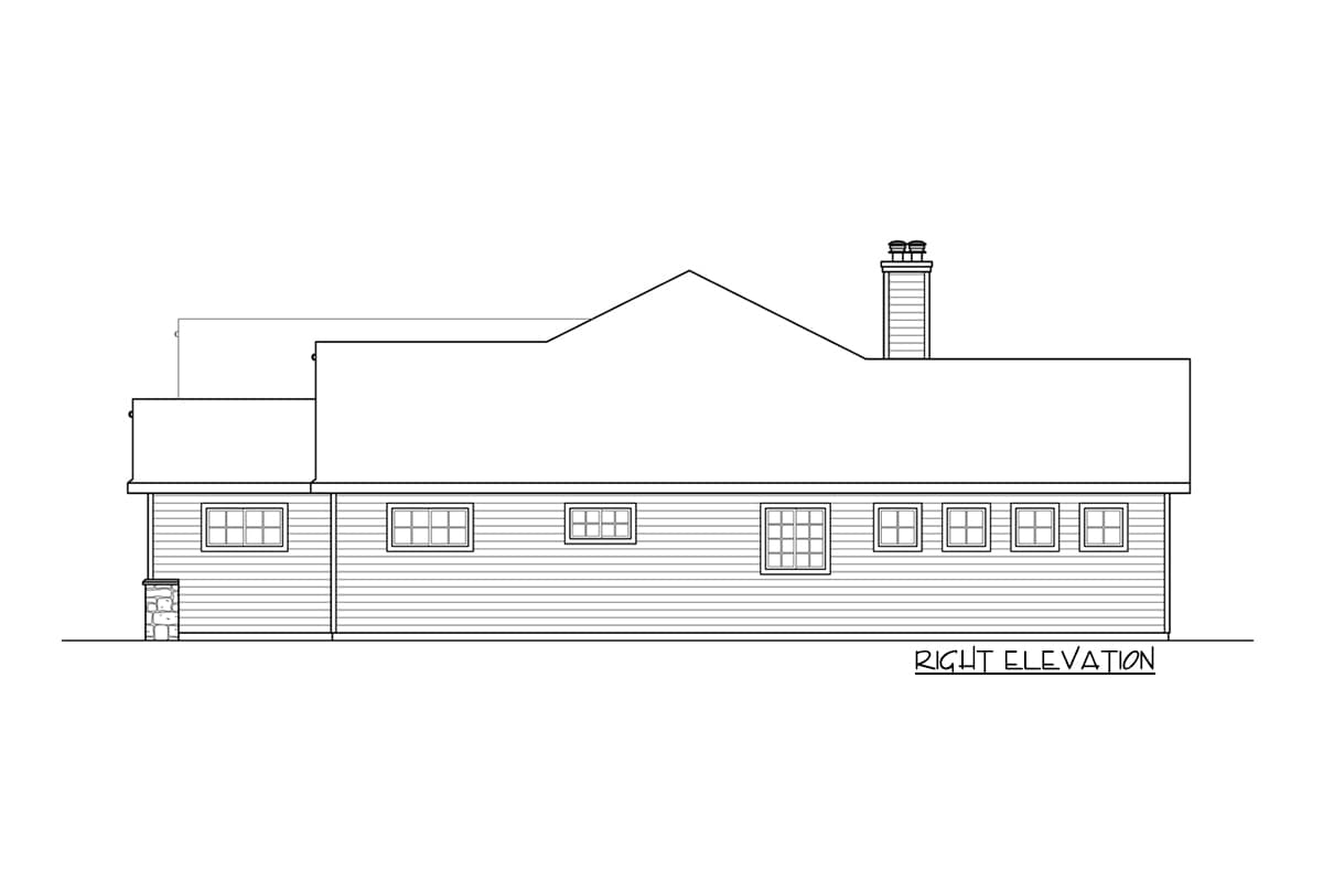 Right elevation of a house plan showing a gabled roof, chimney, and numerous windows.