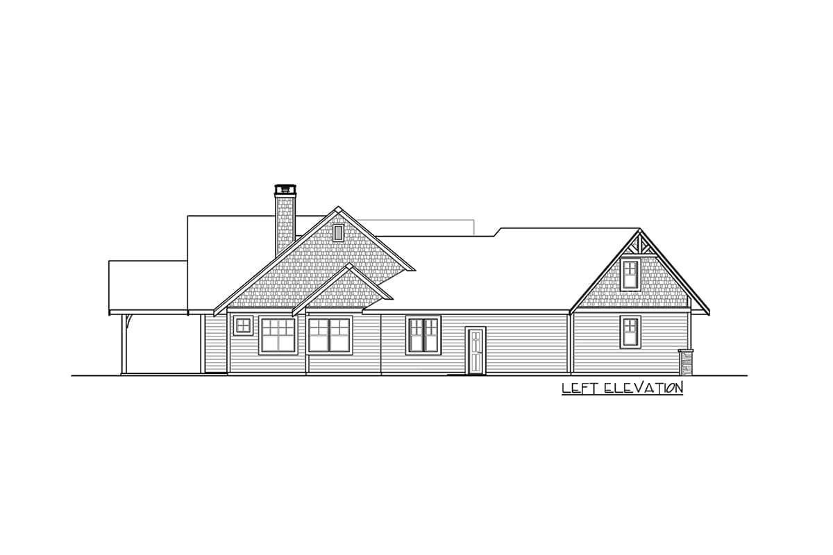 Left elevation of a two-story house plan with a prominent gable, dormer, and chimney.