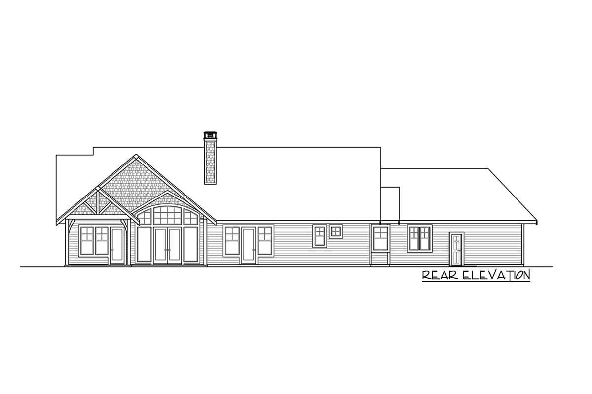 Rear elevation drawing of a house plan featuring gabled rooflines, a prominent chimney, and multiple windows.