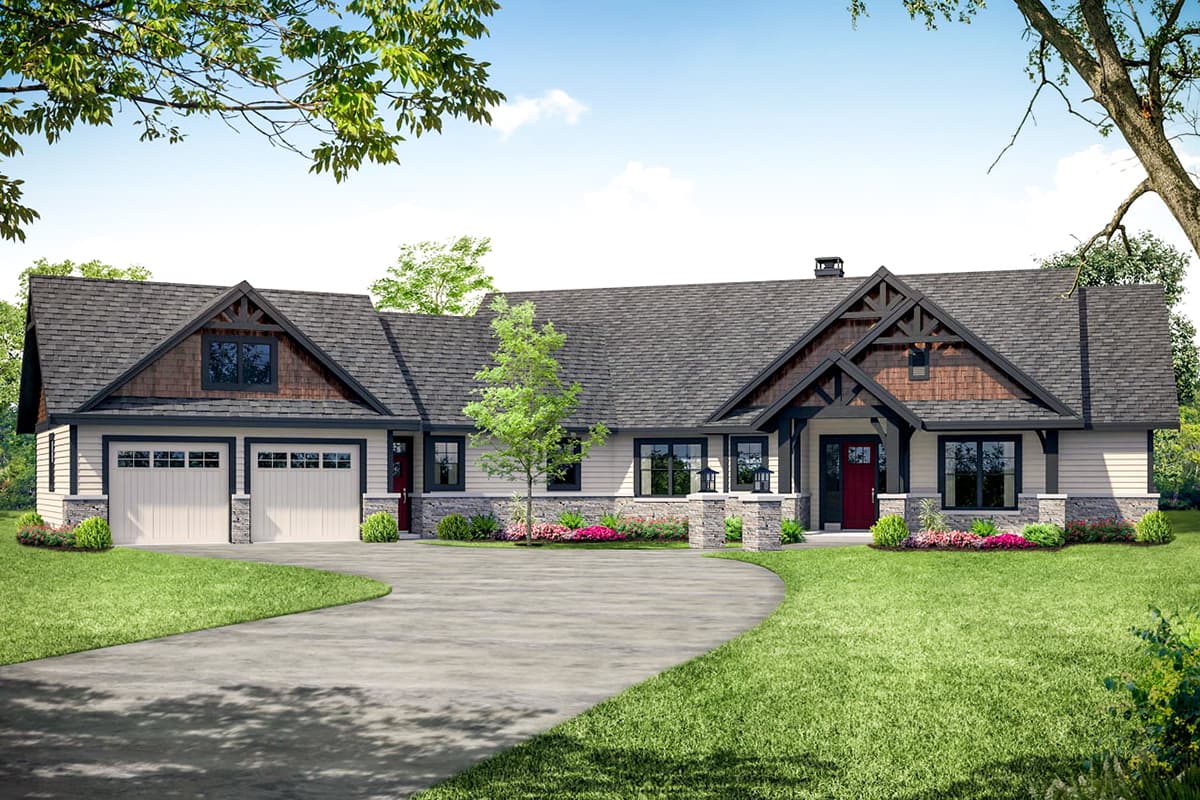 House plan exterior. Craftsman style with two stories, gabled rooflines, a front-entry garage, and a covered front porch with stone columns.