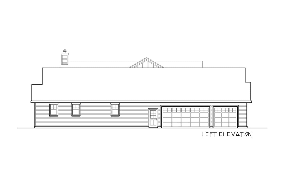 Left elevation house plan showing a two-story structure with a gable dormer, chimney, three windows, a door, and a three-car garage.
