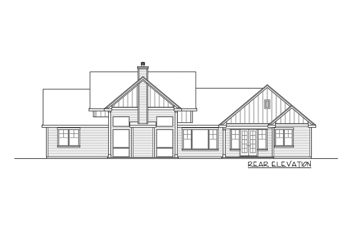 Rear elevation drawing of a house plan featuring a prominent gabled roof, a central chimney, and multiple windows.