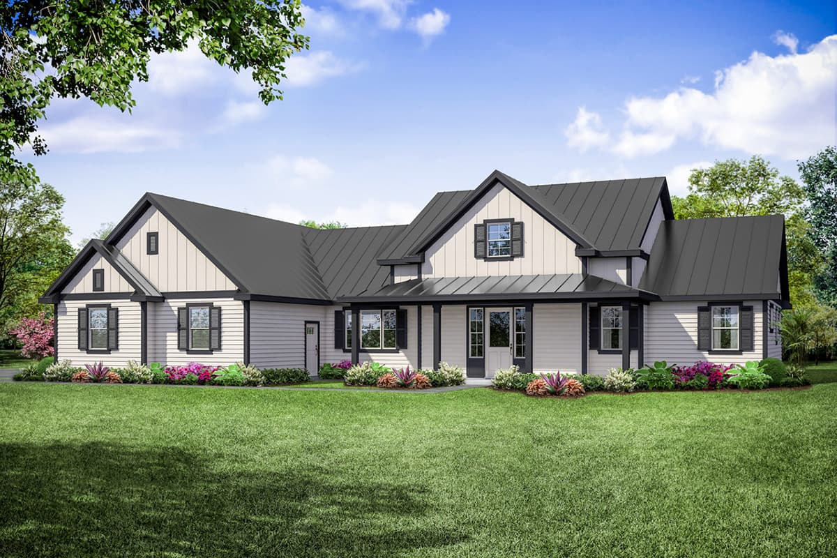 House plan exterior. Modern farmhouse style with gabled roof, covered porch, and black shutters. Single-story design.