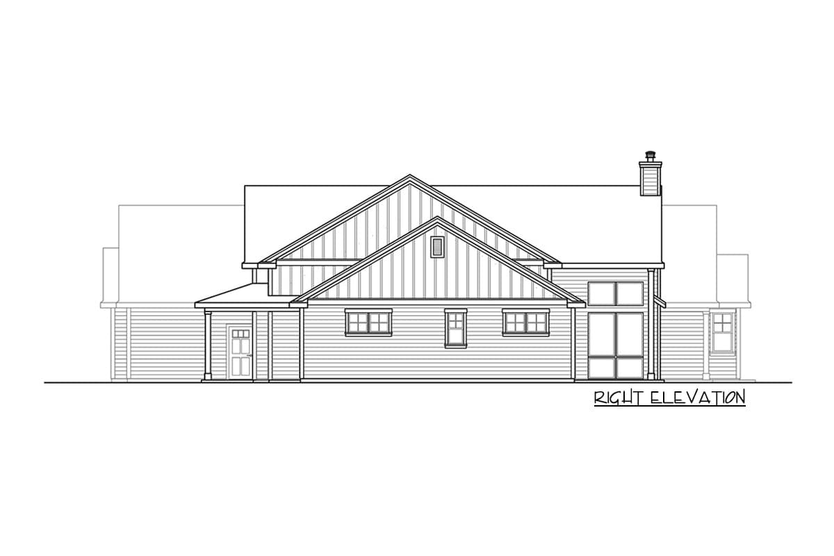 House plan right elevation: siding, gabled dormer, covered entry, and large windows.