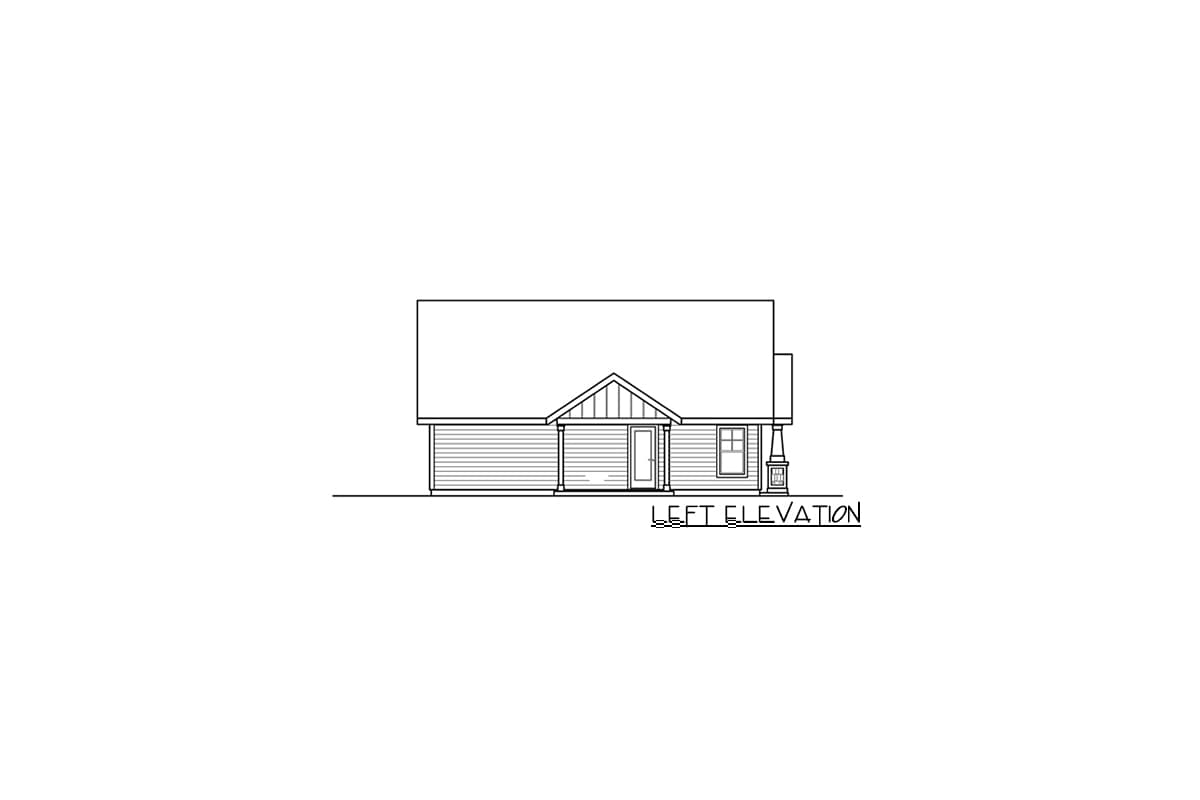 Left elevation of a house plan showing a gabled entrance porch, siding, and a window.