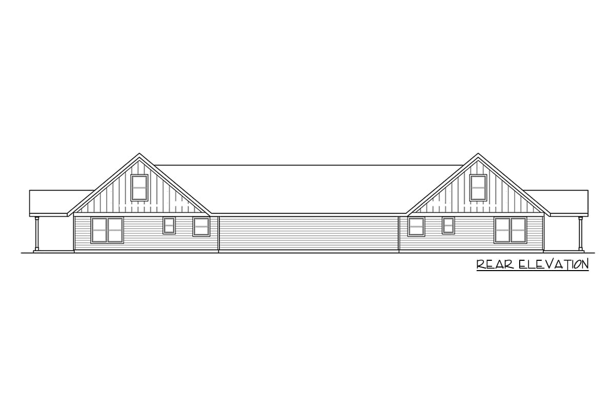 Rear elevation drawing of a one-story house plan with gabled dormers, multiple windows, and attached garages.