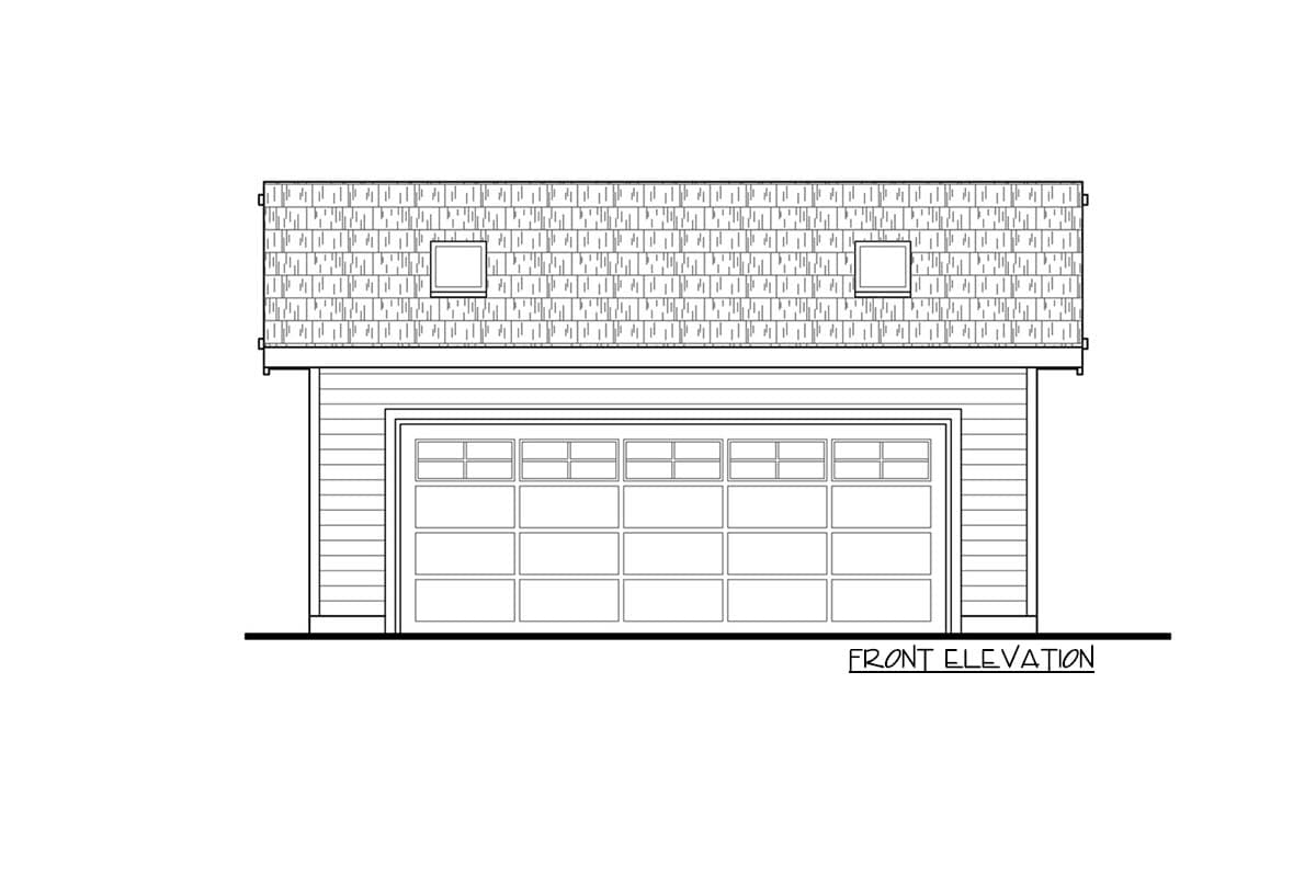 Front elevation drawing of a garage with two windows in the gable and a multi-pane garage door.